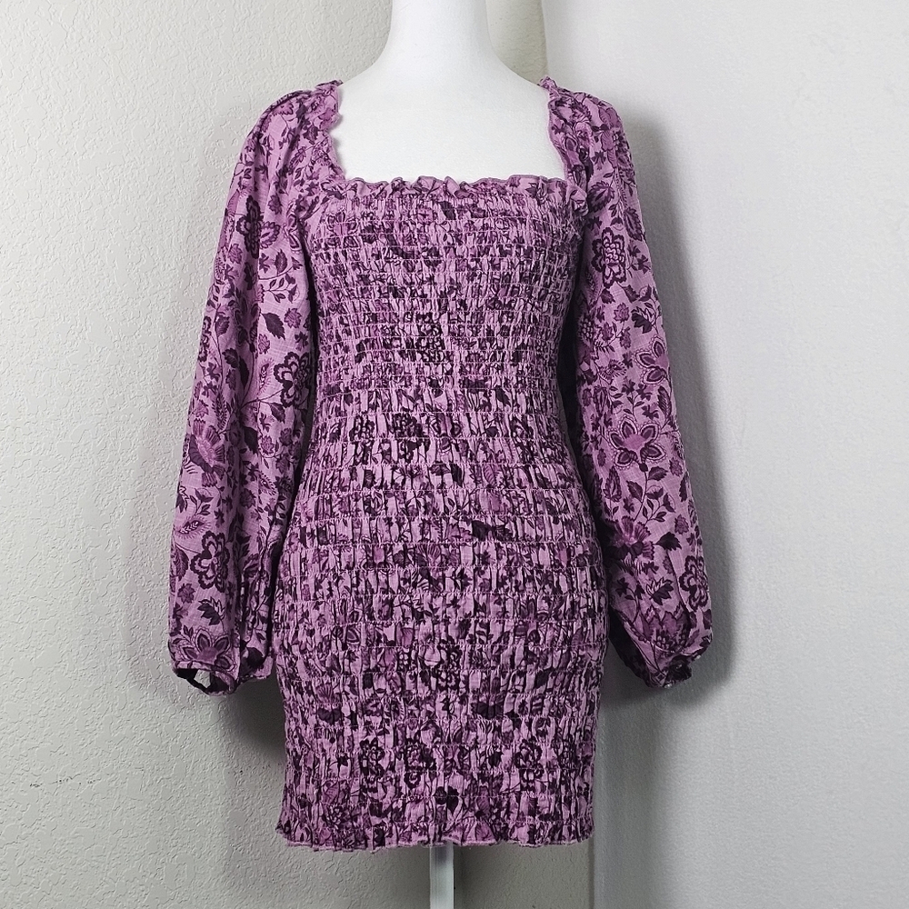 Free People Smock It to Me Mini Dress Sz XS Purple Floral Boho, Whimsycore,